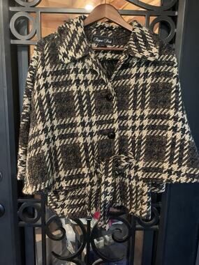 Regent Park Womens Wool Blend Houndstooth Belted Capelet Coat Jacket Size S